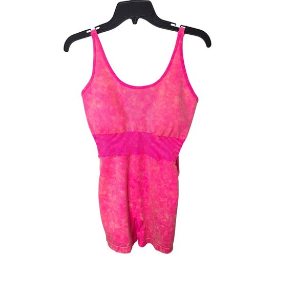 Neon Pink Tie-Dye Workout Romper Ribbed Waist & Strappy Back ASO Barbie - Picture 4 of 6